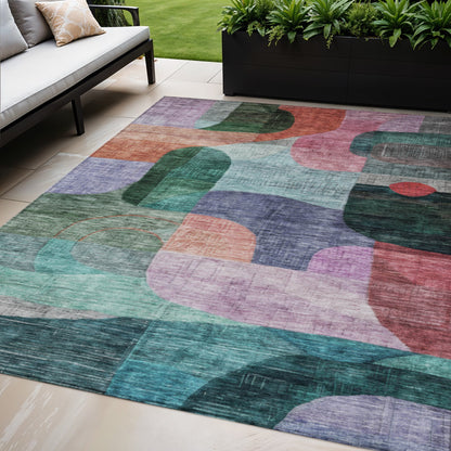 5' X 8' Green Purple And Blue Abstract Washable Indoor Outdoor Area Rug-0