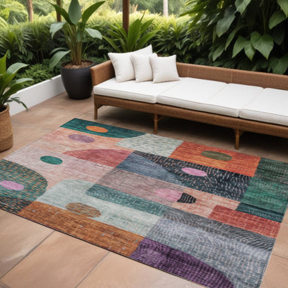 8' X 10' Orange Purple And Green Geometric Washable Indoor Outdoor Area Rug-0
