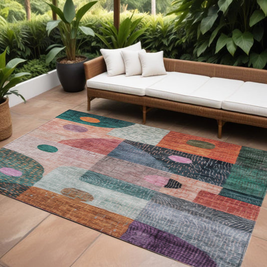 9' X 12' Orange Purple And Green Geometric Washable Indoor Outdoor Area Rug-0