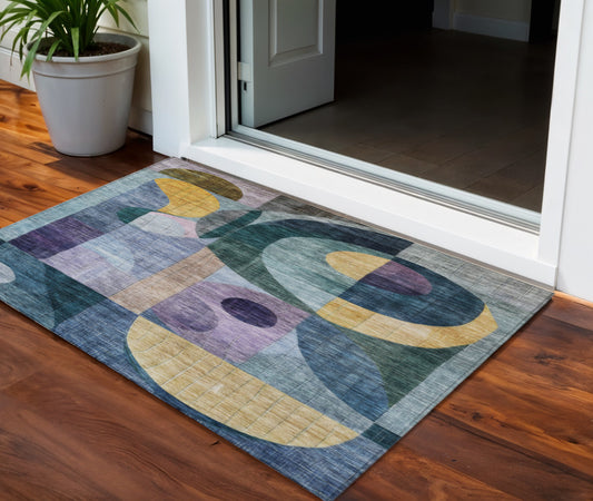 3' X 5' Blue Purple And Copper Abstract Washable Indoor Outdoor Area Rug-0