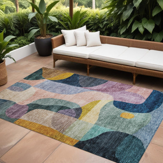 10' X 14' Green Purple And Pink Abstract Washable Indoor Outdoor Area Rug-0