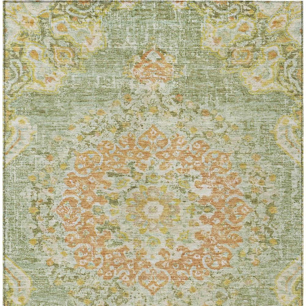 10' X 14' Artichoke Green Floral Medallion Washable Indoor Outdoor Area Rug-7
