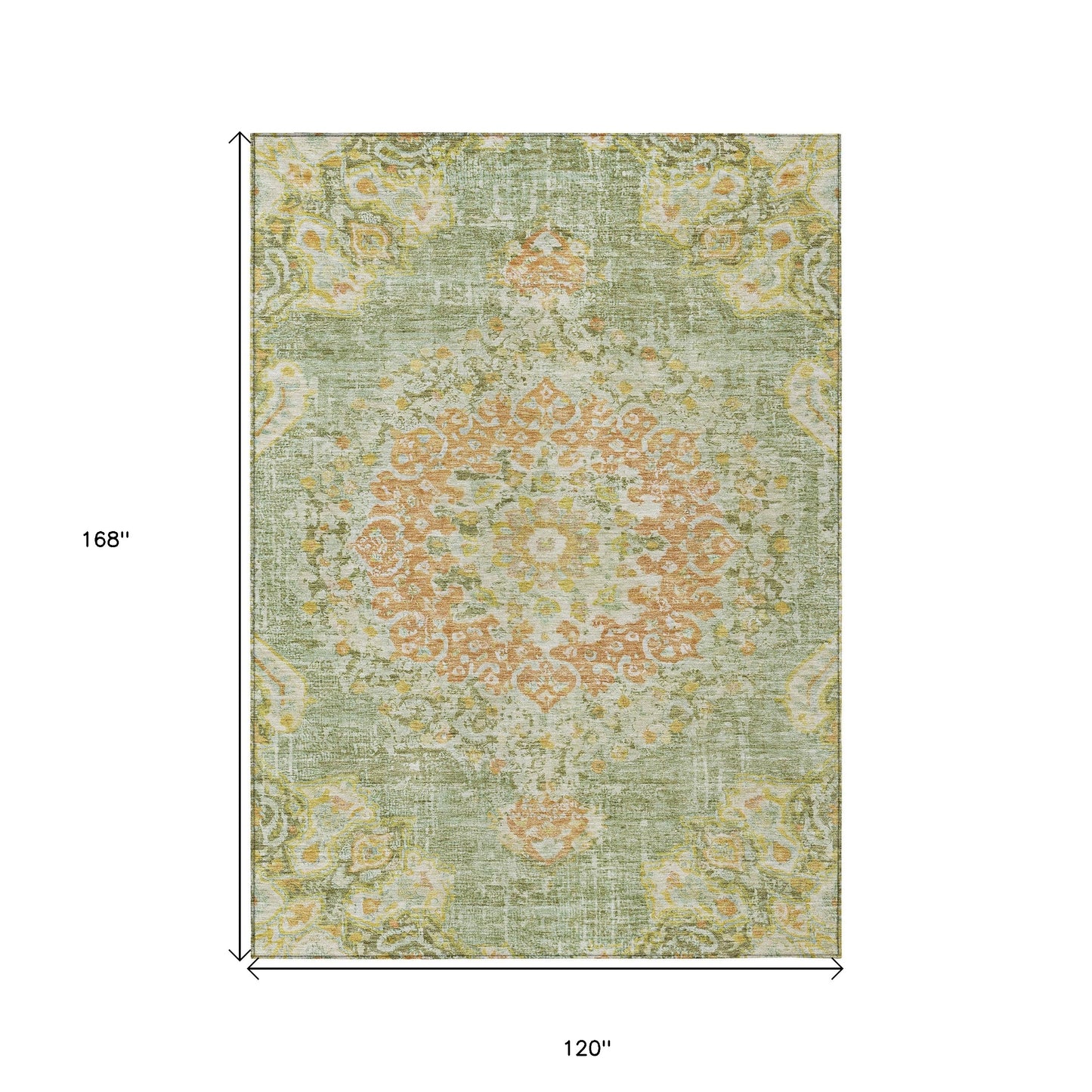 10' X 14' Artichoke Green Floral Medallion Washable Indoor Outdoor Area Rug-2
