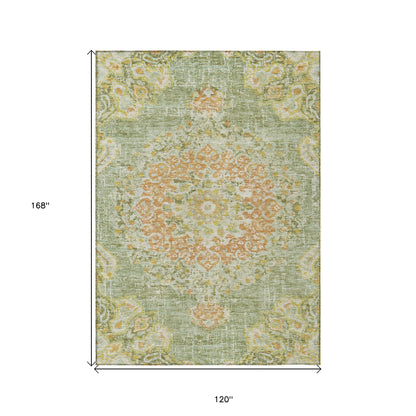 10' X 14' Artichoke Green Floral Medallion Washable Indoor Outdoor Area Rug-2