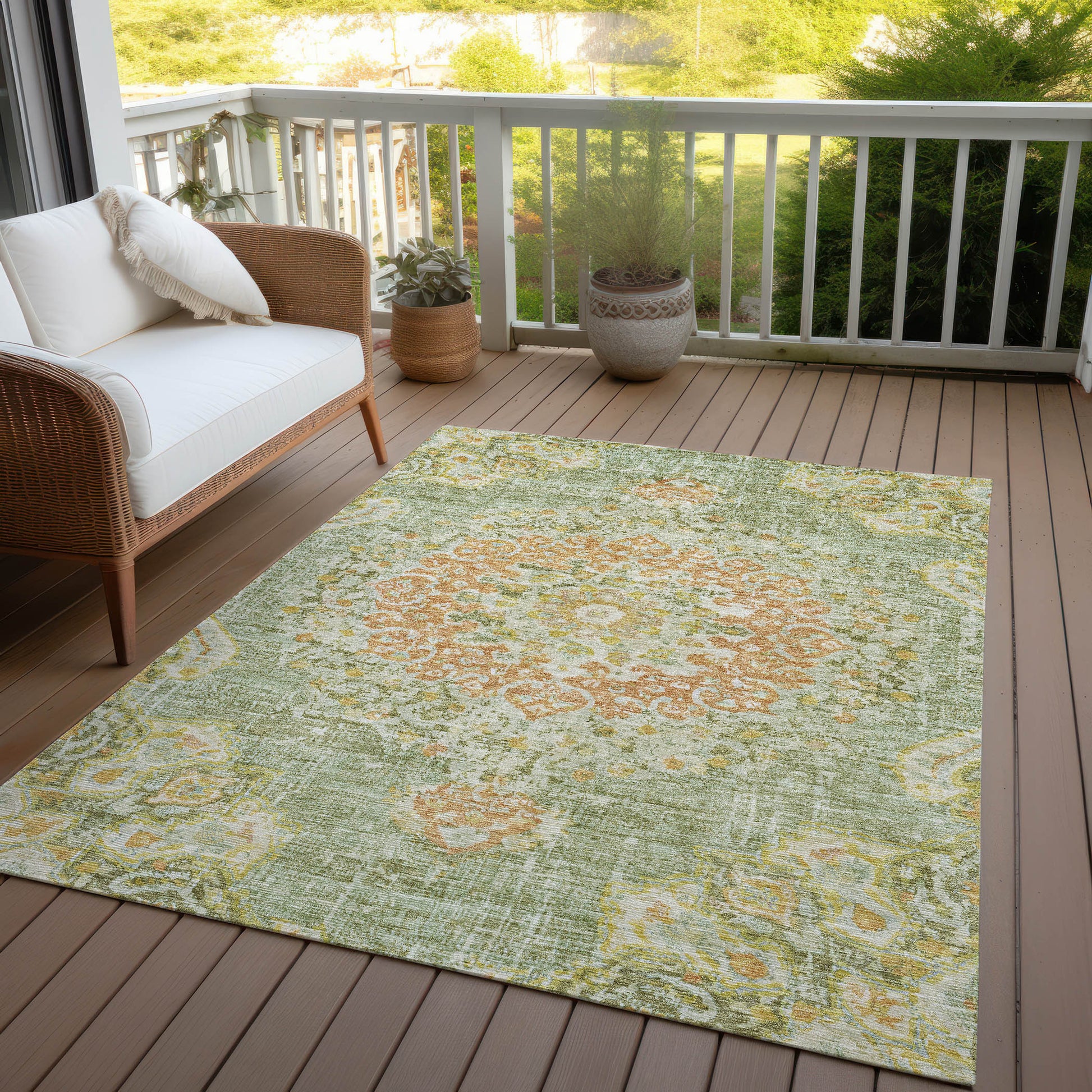 10' X 14' Artichoke Green Floral Medallion Washable Indoor Outdoor Area Rug-8