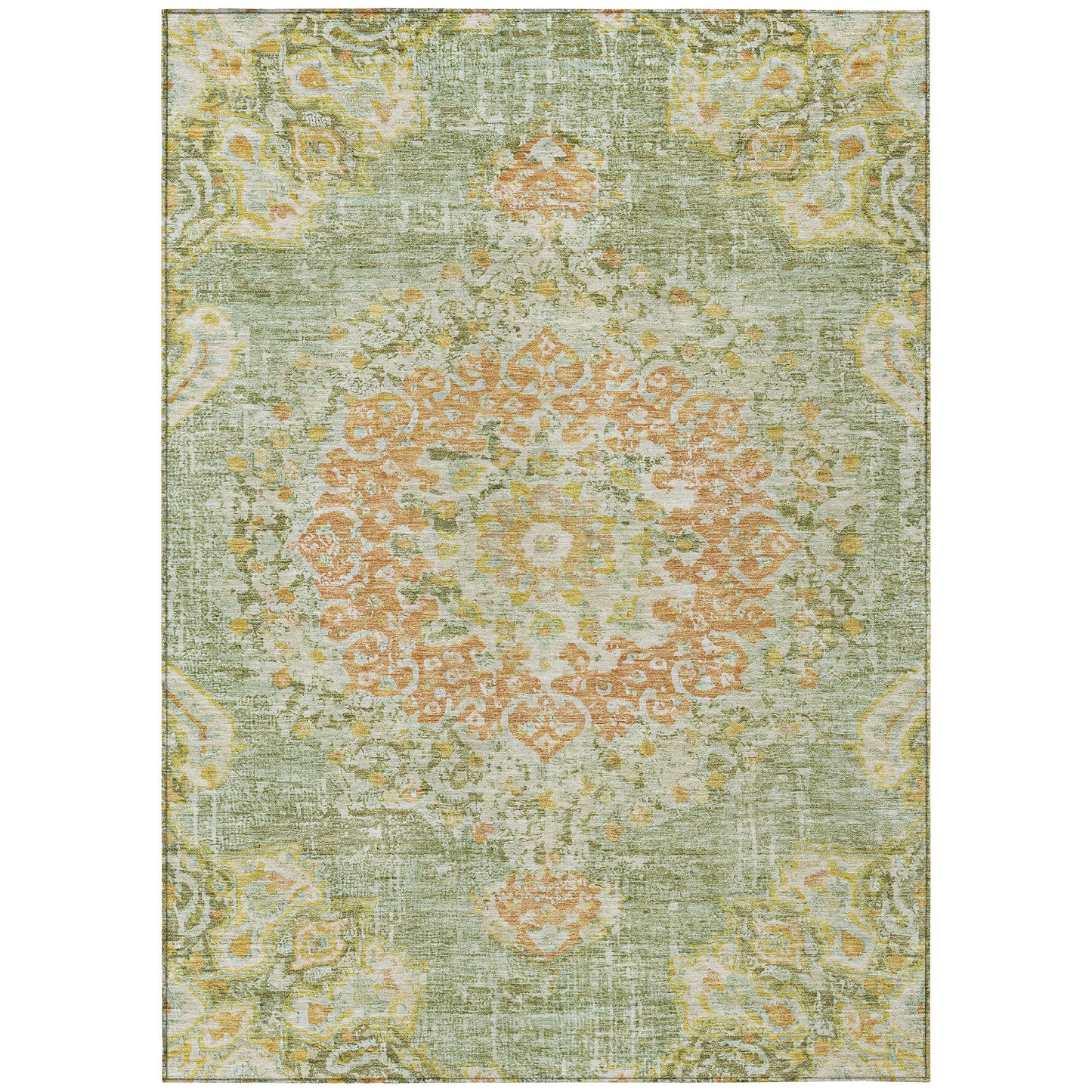 10' X 14' Artichoke Green Floral Medallion Washable Indoor Outdoor Area Rug-1
