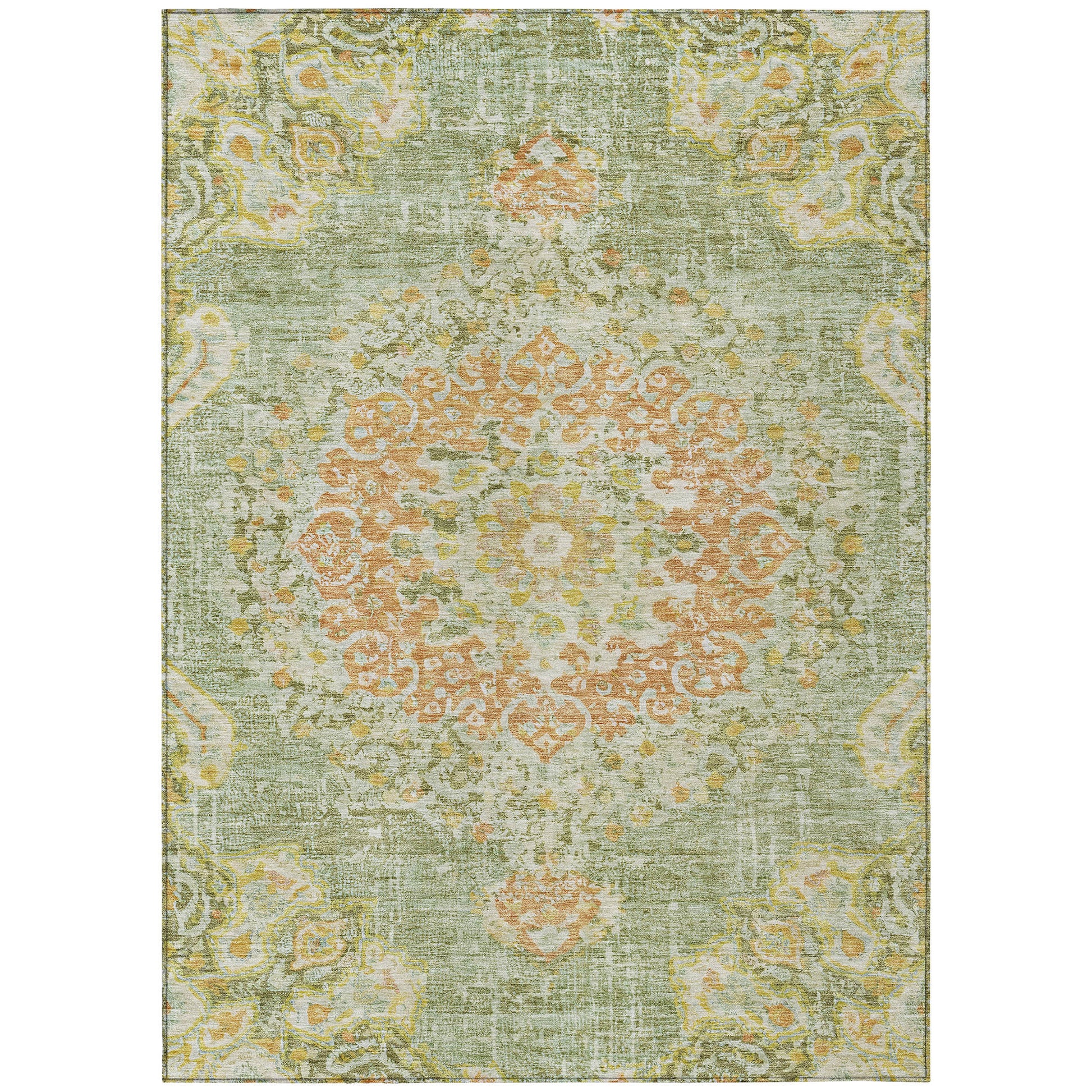 10' X 14' Artichoke Green Floral Medallion Washable Indoor Outdoor Area Rug-1