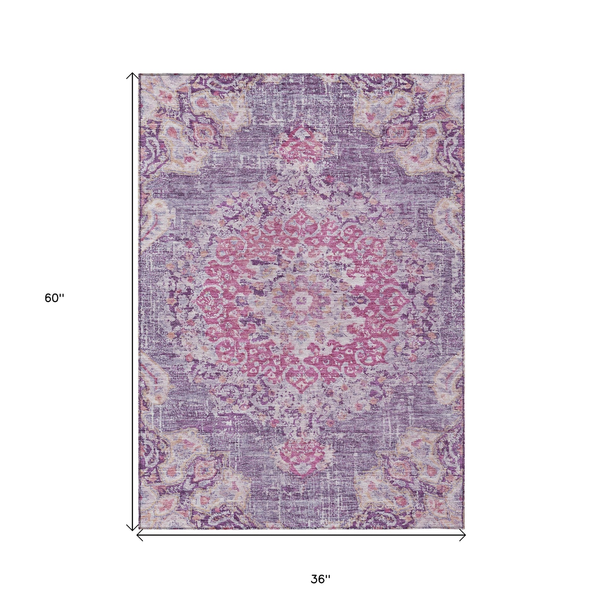 3' X 5' Purple Floral Medallion Washable Indoor Outdoor Area Rug-2
