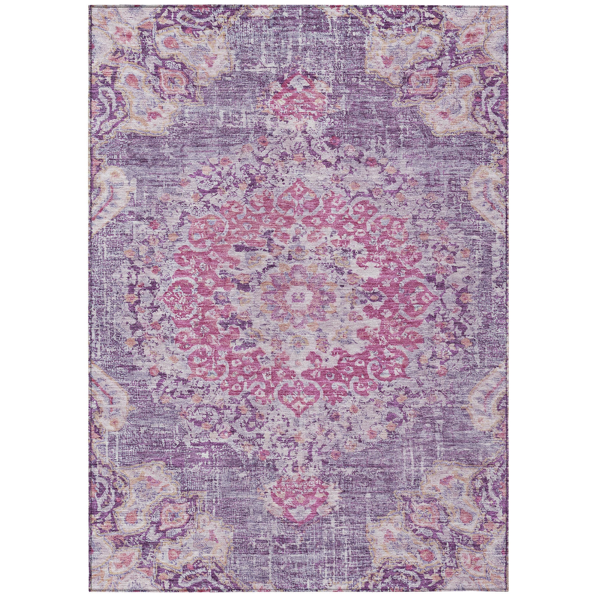 5' X 8' Purple Floral Medallion Washable Indoor Outdoor Area Rug-1