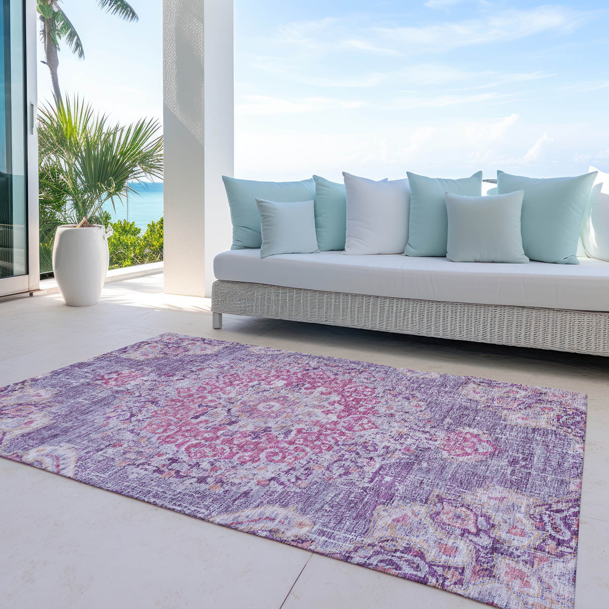 9' X 12' Purple Floral Medallion Washable Indoor Outdoor Area Rug-7