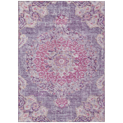 9' X 12' Purple Floral Medallion Washable Indoor Outdoor Area Rug-1