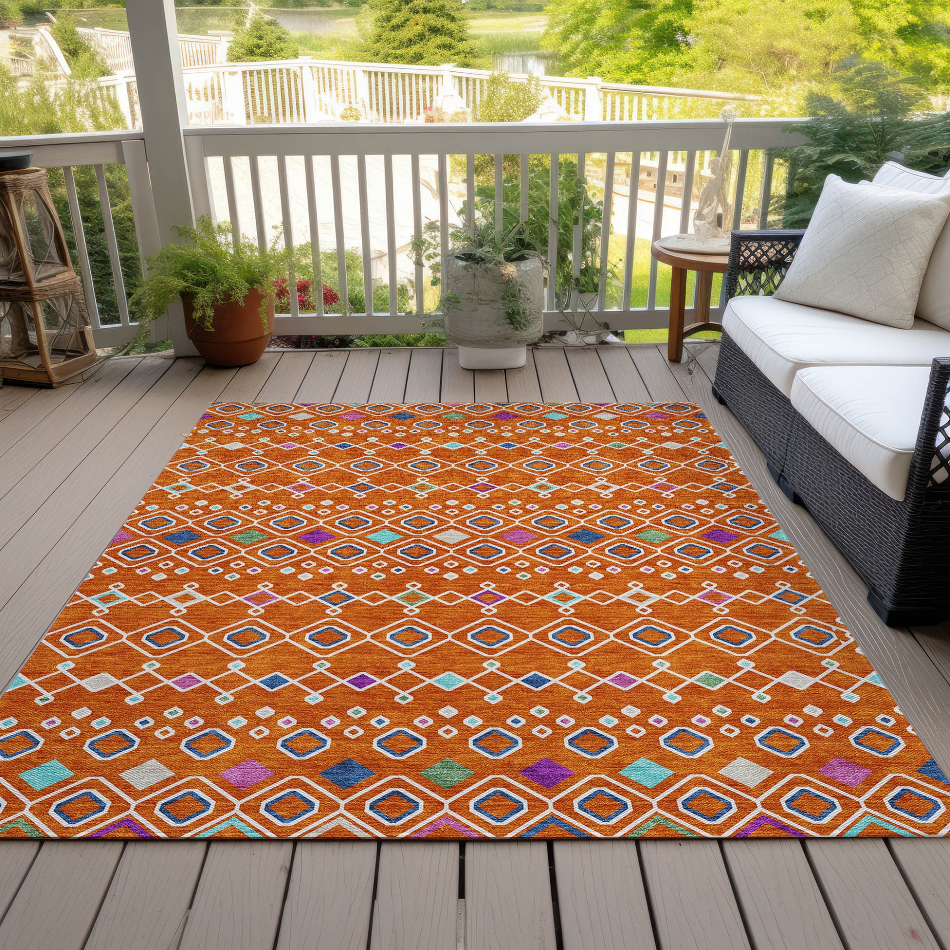 9' X 12' Orange Blue And Purple Geometric Washable Indoor Outdoor Area Rug-7