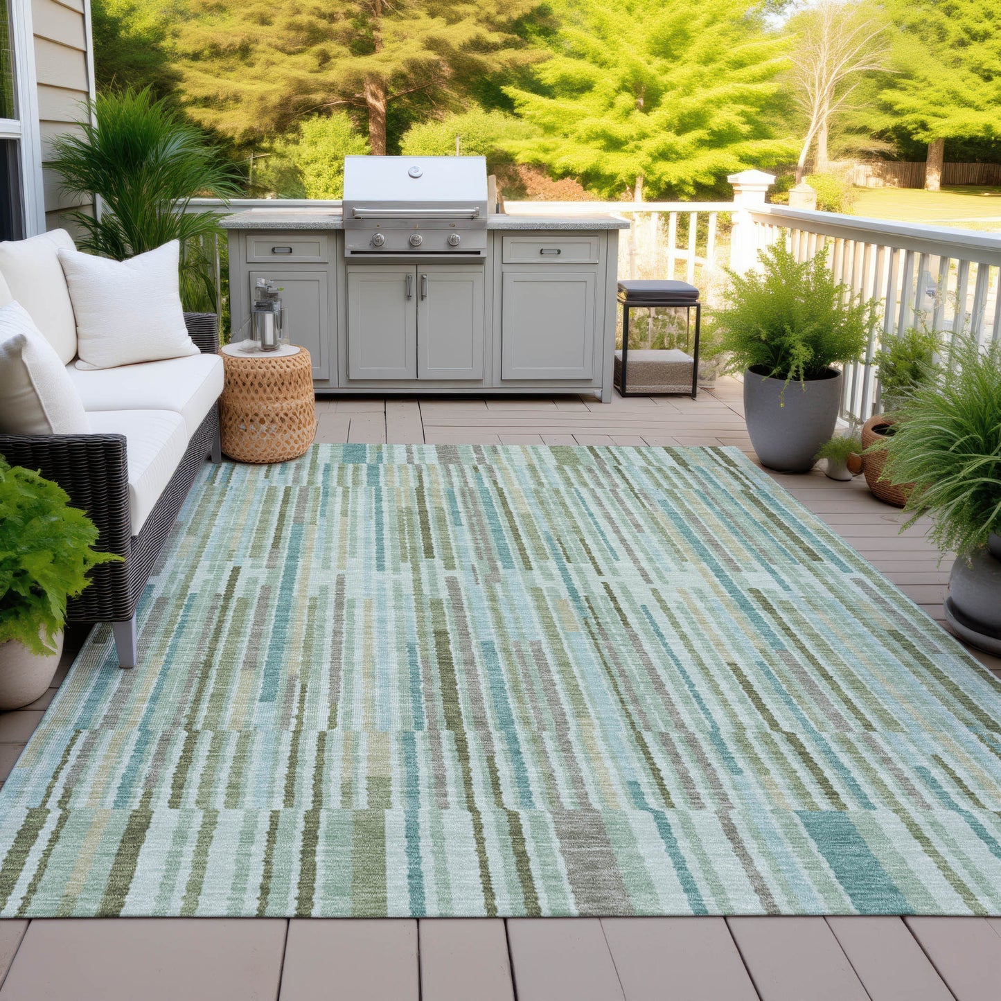 8' X 10' Artichoke Green And Teal Blue Striped Washable Indoor Outdoor Area Rug-5