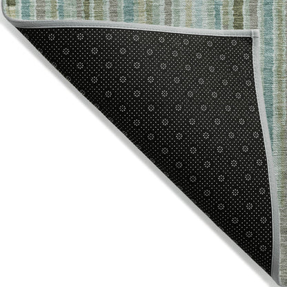 8' X 10' Artichoke Green And Teal Blue Striped Washable Indoor Outdoor Area Rug-1