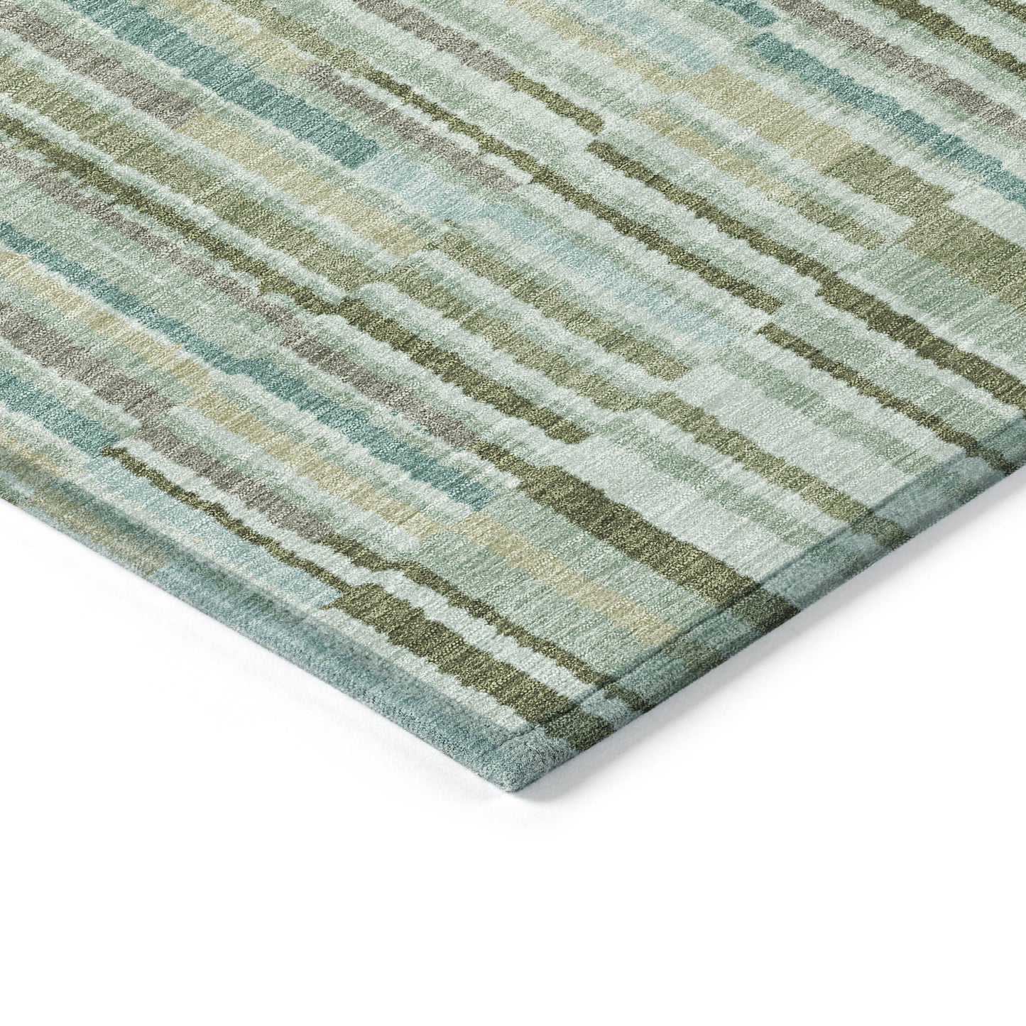 8' X 10' Artichoke Green And Teal Blue Striped Washable Indoor Outdoor Area Rug-2