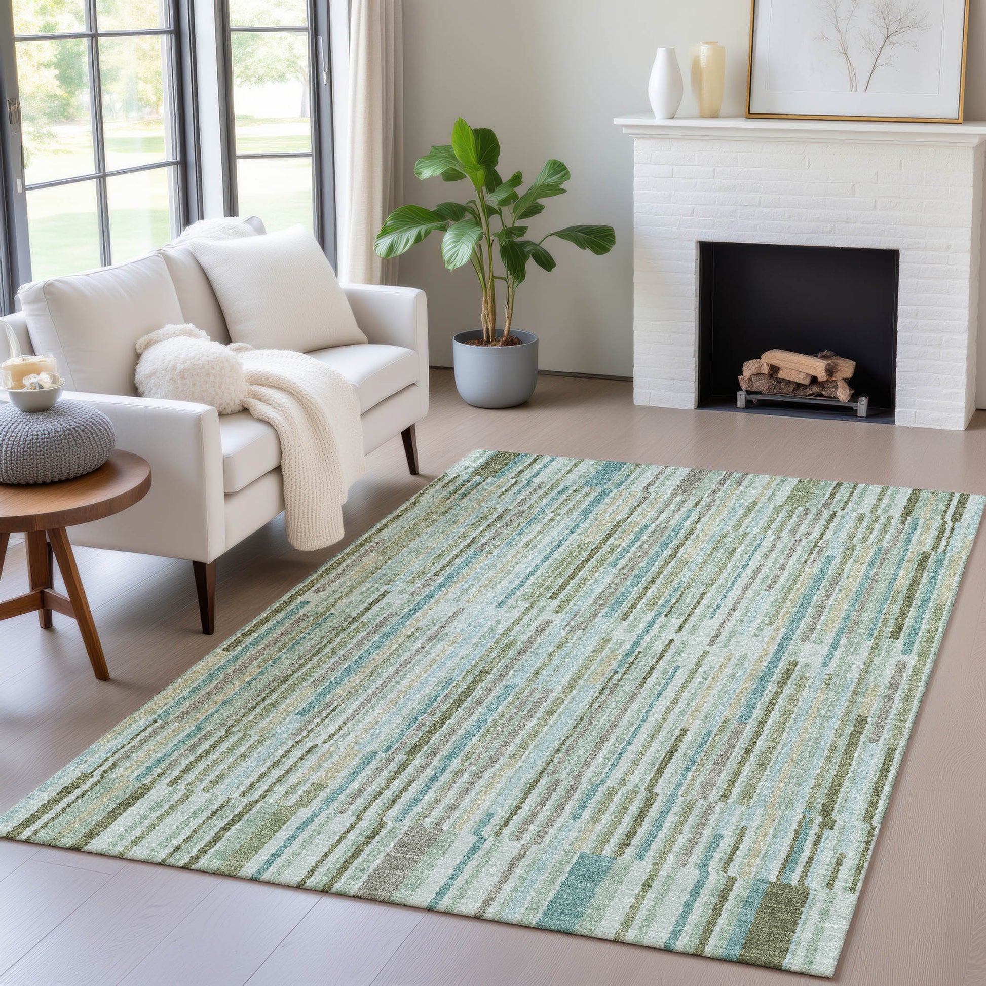 8' X 10' Artichoke Green And Teal Blue Striped Washable Indoor Outdoor Area Rug-6