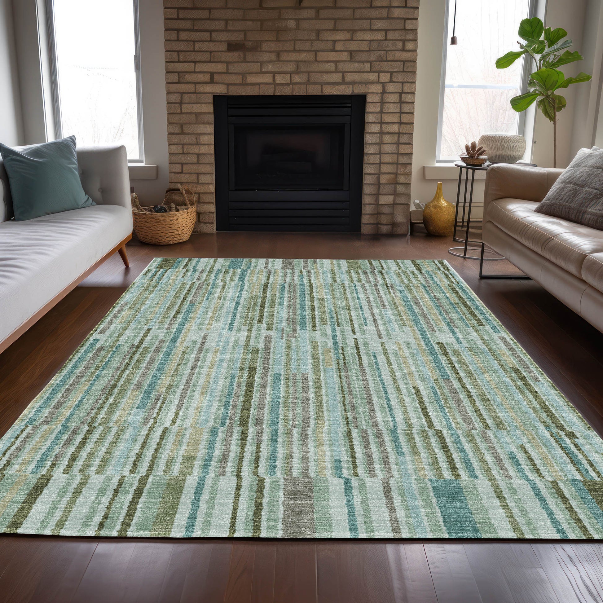 8' X 10' Artichoke Green And Teal Blue Striped Washable Indoor Outdoor Area Rug-7