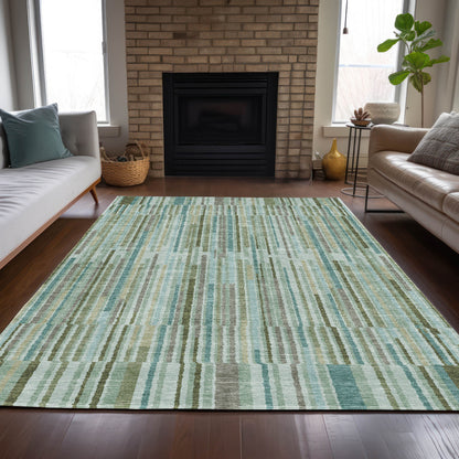 8' X 10' Artichoke Green And Teal Blue Striped Washable Indoor Outdoor Area Rug-7