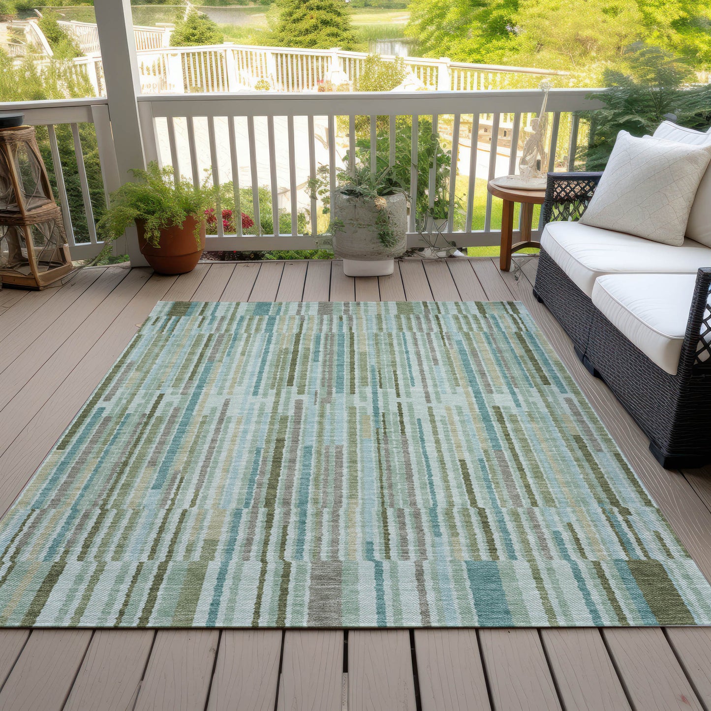 8' X 10' Artichoke Green And Teal Blue Striped Washable Indoor Outdoor Area Rug-8