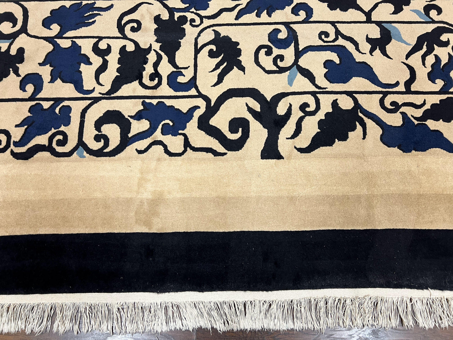 Antique Chinese Peking Rug 10x14, Beige Black, Handmade Wool Art Deco Carpet-4