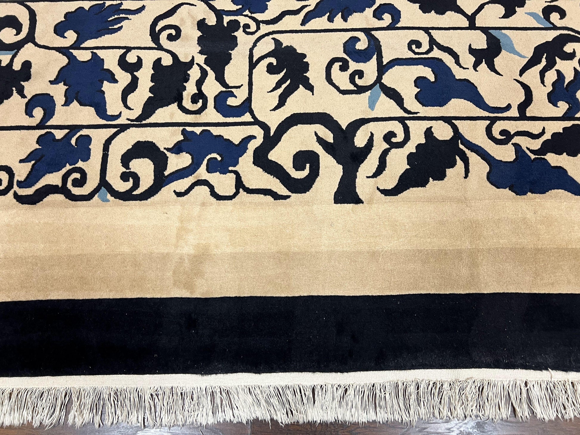 Antique Chinese Peking Rug 10x14, Beige Black, Handmade Wool Art Deco Carpet-4