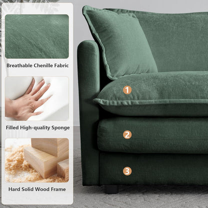 Luxury 2 Piece Loveseat Couch & Sofa Armchair Set, Modern Upholstered Chenille Cloud Couches Set Furniture with 5 Pillow for Living Room Bedroom Office Apartment, Evergreen-3