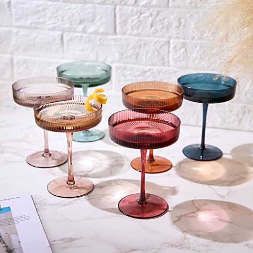 Vintage Art Deco Coupe Glasses Ribbed Coupe Cocktail Glasses 7 oz | Set of 6 | Pastel Colored Crystal Cocktail Glassware for Champagne, Martini, Manhattan Goblet Cocktails, Ripple Glassware - Gift Box-0