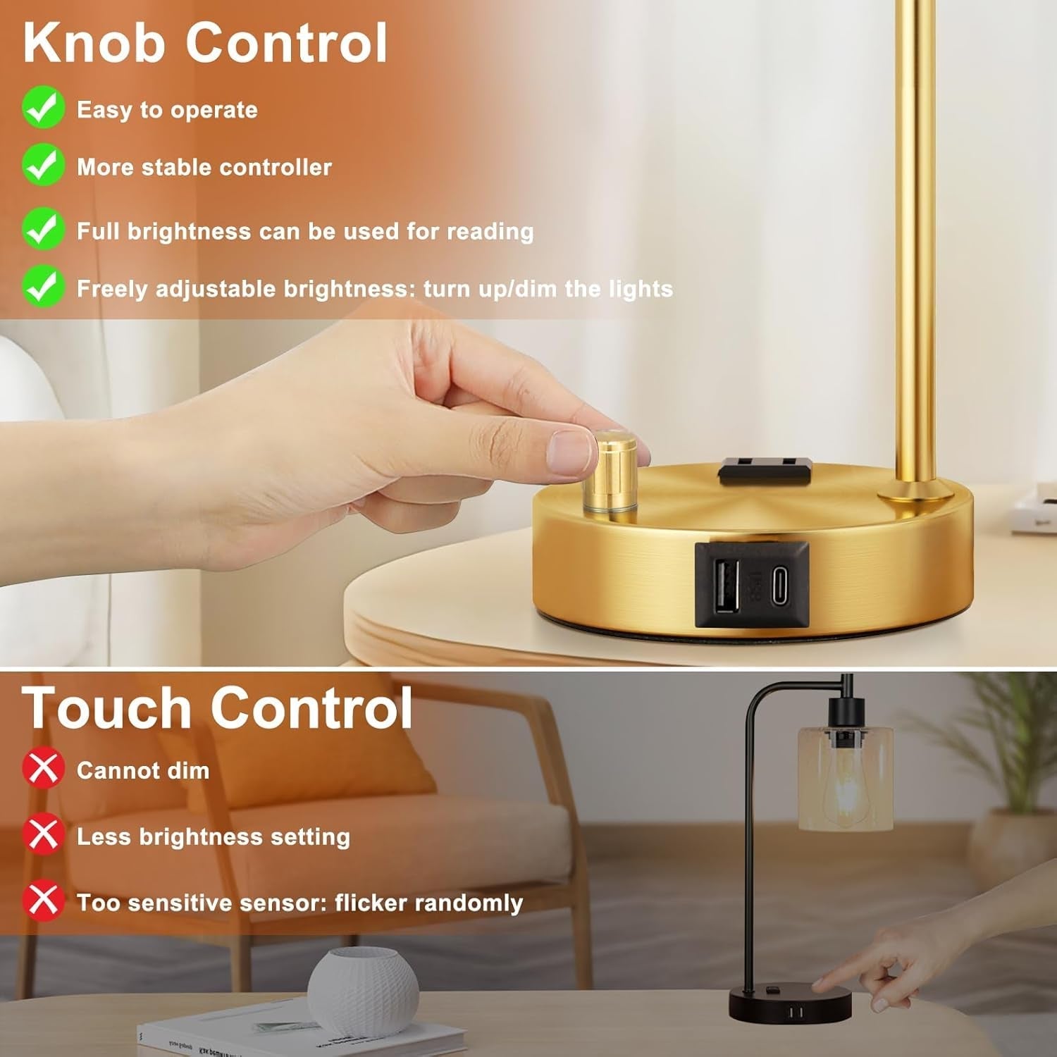 Industrial Table Lamps for Bedroom Set of 2 - Fully Dimmable Bedside Lamps with USB Ports and Outlet, Gold Nightstand Lamps with Opal Glass Shade for Living Room, Desk Lamps for Office Reading-3