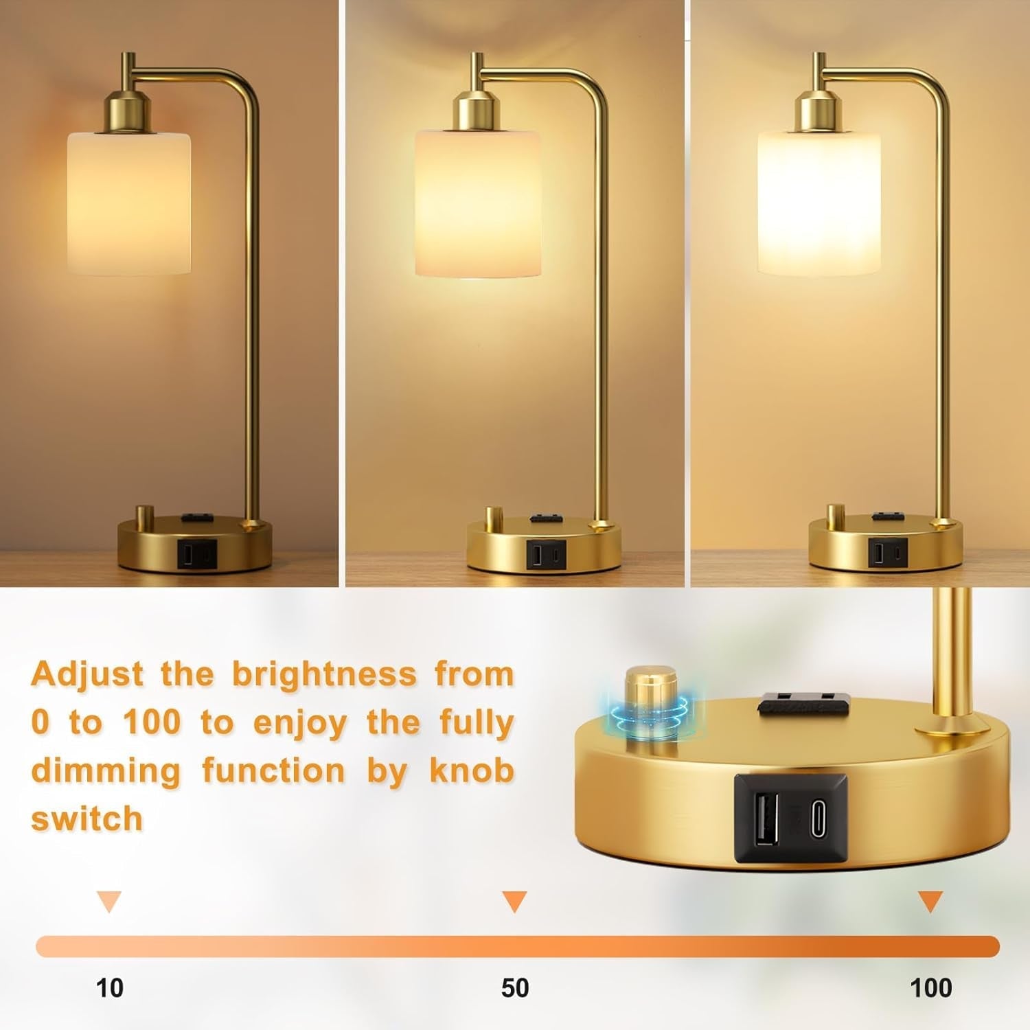 Industrial Table Lamps for Bedroom Set of 2 - Fully Dimmable Bedside Lamps with USB Ports and Outlet, Gold Nightstand Lamps with Opal Glass Shade for Living Room, Desk Lamps for Office Reading-1