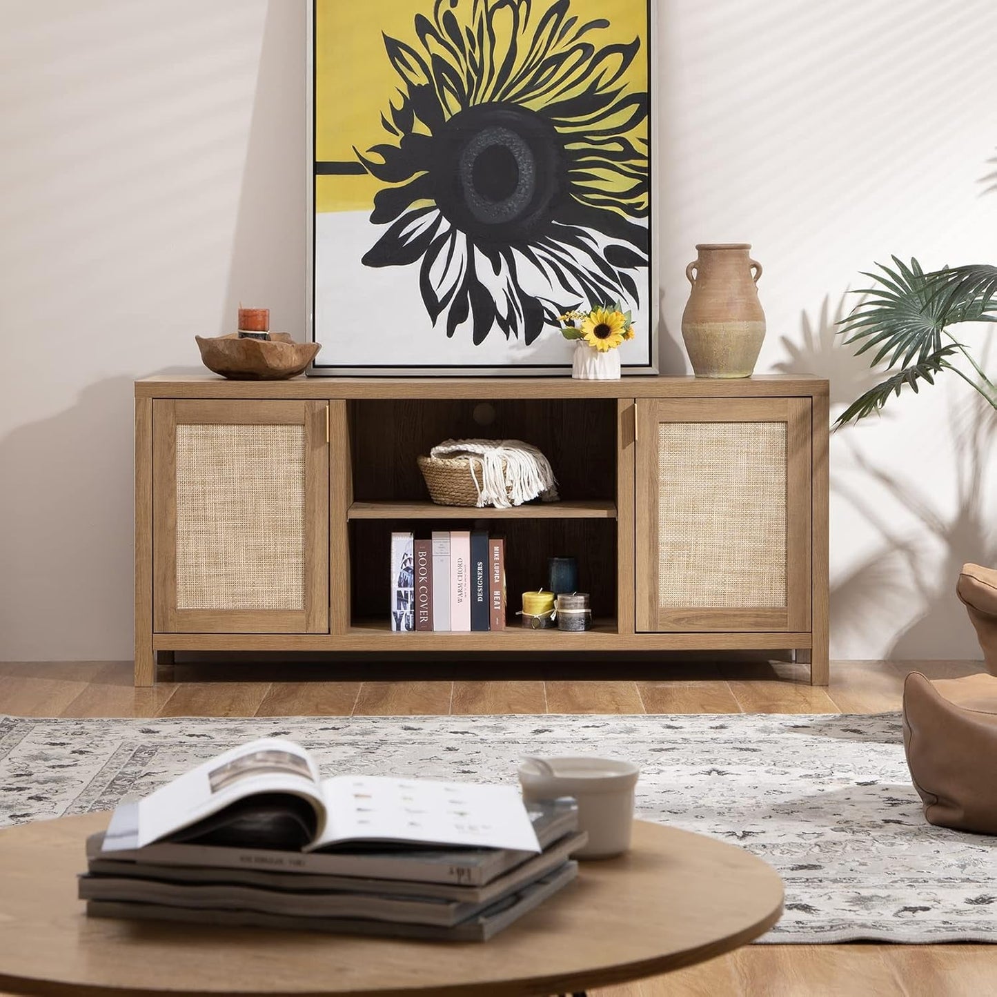 TV Stand for Living Room : Rattan TV Console Cabinet with Storage and Shelf, Boho Entertainment Center, 59" Media Console for 55, 65 Inch TV, 26" Tall Wood Television Stands, Oak-1