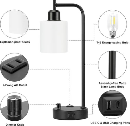 Industrial Bedroom Lamps for Nightstand Set of 2 - Fully Dimmable Bedside Lamps with USB a C Ports and Outlet, Black Table Lamps with Opal Glass Shade for Living Room, Desk Lamps for Office Reading-4