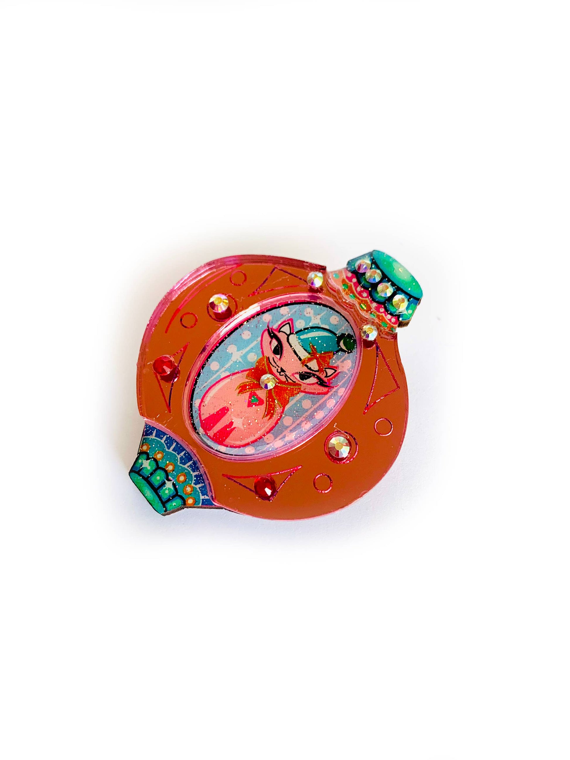 Retro Cat Christmas Bauble Brooch by Rosie Rose Parker-4