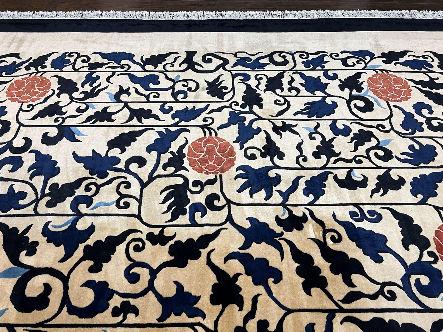 Antique Chinese Peking Rug 10x14, Beige Black, Handmade Wool Art Deco Carpet-2