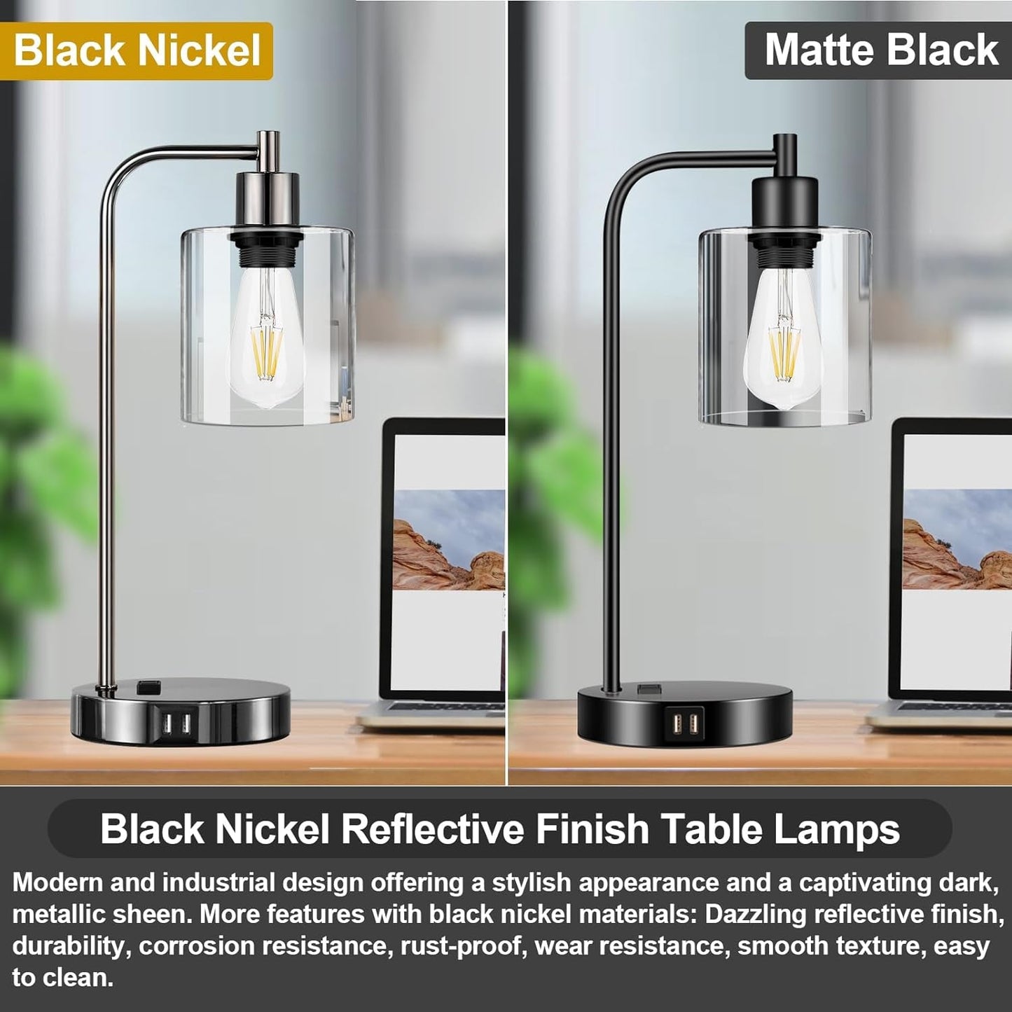 Industrial Touch Control Table Lamps Set of 2 - Black Nickel Bedside Lamps with 2 USB Ports & AC Outlet, 3-Way Dimmable Nightstand Desk Lamp for Bedroom Living Room, Glass Shade & 2 LED Bulbs Included-2
