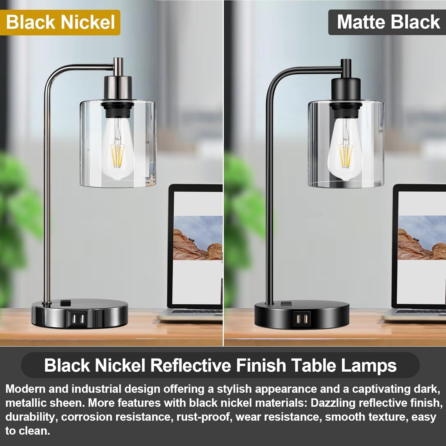 Industrial Touch Control Table Lamps Set of 2 - Black Nickel Bedside Lamps with 2 USB Ports & AC Outlet, 3-Way Dimmable Nightstand Desk Lamp for Bedroom Living Room, Glass Shade & 2 LED Bulbs Included-2