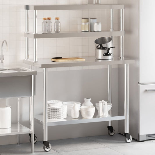 vidaXL Kitchen Work Table with Overshelf 43.3"x21.7"x59.1" Stainless Steel-0