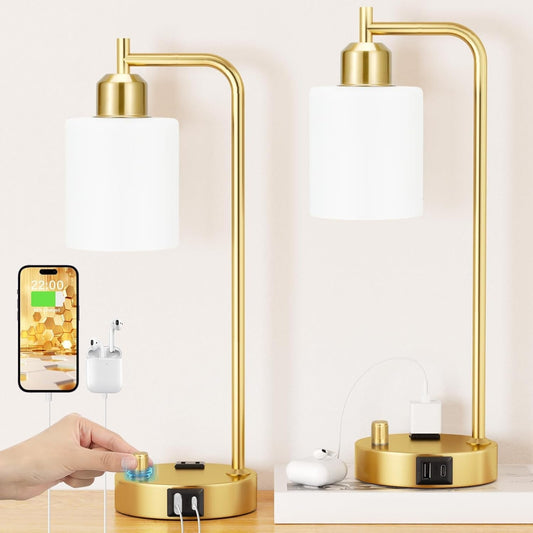 Industrial Table Lamps for Bedroom Set of 2 - Fully Dimmable Bedside Lamps with USB Ports and Outlet, Gold Nightstand Lamps with Opal Glass Shade for Living Room, Desk Lamps for Office Reading-0