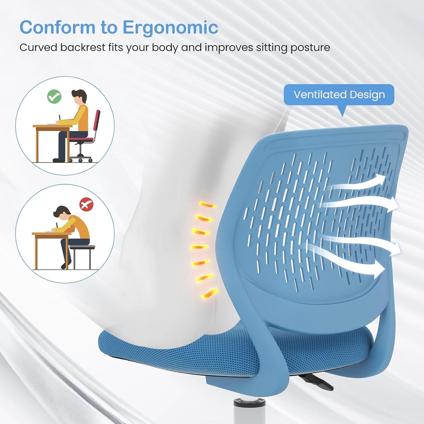 Kids Desk Chair, Adjustable Children Study Chair, Swivel Chair Armless Mesh Task Student Chair, Child Desk Chair with Adjustable Height & Lumbar Support Computer Chair (Blue)-4