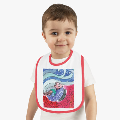 Whimsical Baby Bib with Contrast Trim, Colorful Fish Design, Ideal for Baby Showers, Toddler Mealtime, Cute Gift Idea by Japochine