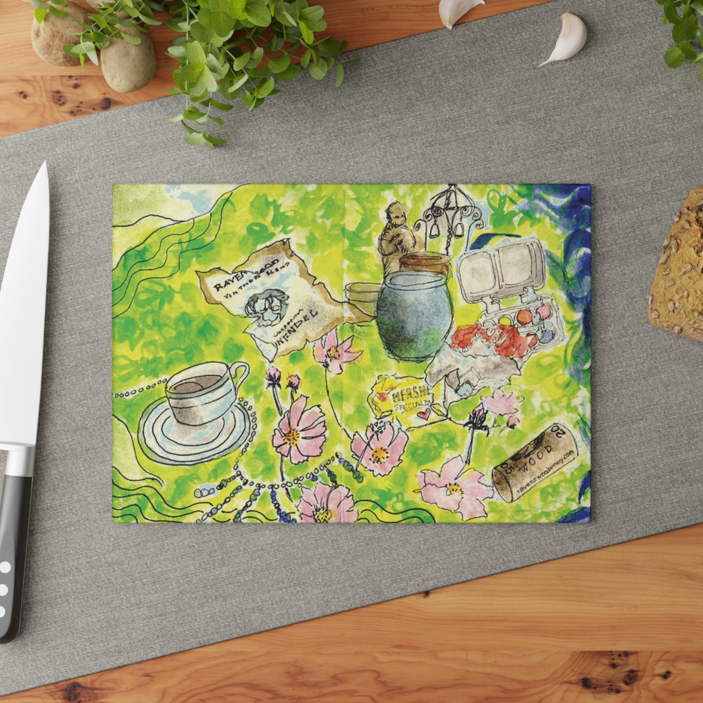 Watercolor Dining Table Vignette Glass Cutting Board - Ideal for Food Preparation and Serving, Housewarmings, Birthdays - Vibrant Colors,
