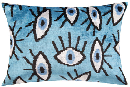 Canvello Handmade Velvet Evil Eye Pillow – 16x24 Luxury Decorative Throw Cushion for Home Decor – Feather Down Insert, Vegetable-Dyed, Vibrant Blue Accent-0