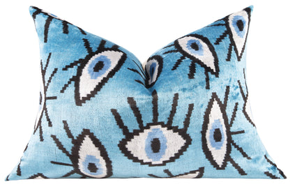 Canvello Handmade Velvet Evil Eye Pillow – 16x24 Luxury Decorative Throw Cushion for Home Decor – Feather Down Insert, Vegetable-Dyed, Vibrant Blue Accent-2