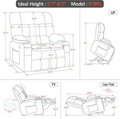 Large Dual Motor Power Lift Recliner Chair Sofa with Massage and Heat for Big Elderly People, Infinite Position, USB Ports, Fabric R7891 (Large-Wide, Coffee)-2