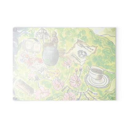 Watercolor Dining Table Vignette Glass Cutting Board - Ideal for Food Preparation and Serving, Housewarmings, Birthdays - Vibrant Colors,