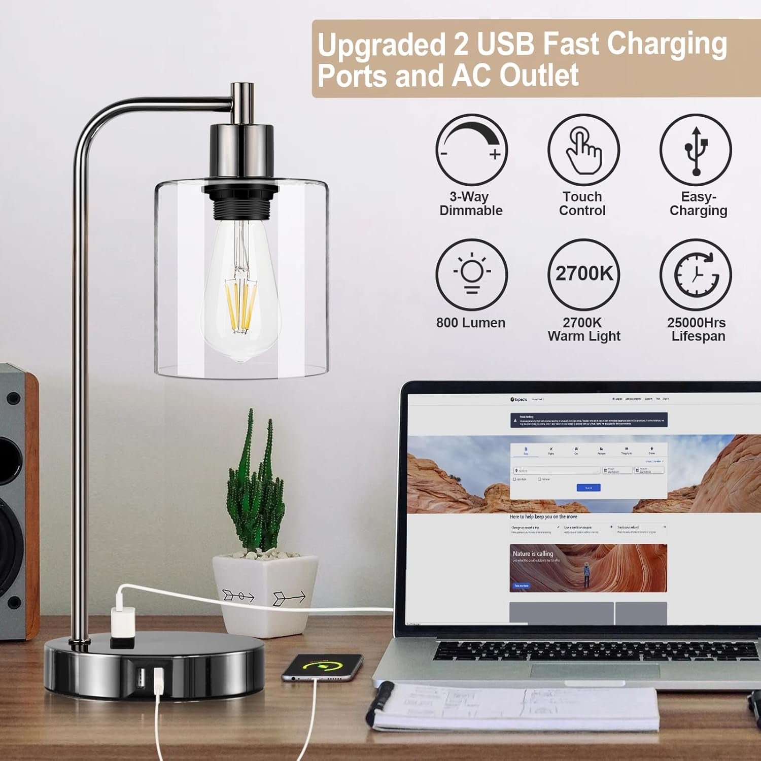 Industrial Touch Control Table Lamps Set of 2 - Black Nickel Bedside Lamps with 2 USB Ports & AC Outlet, 3-Way Dimmable Nightstand Desk Lamp for Bedroom Living Room, Glass Shade & 2 LED Bulbs Included-3