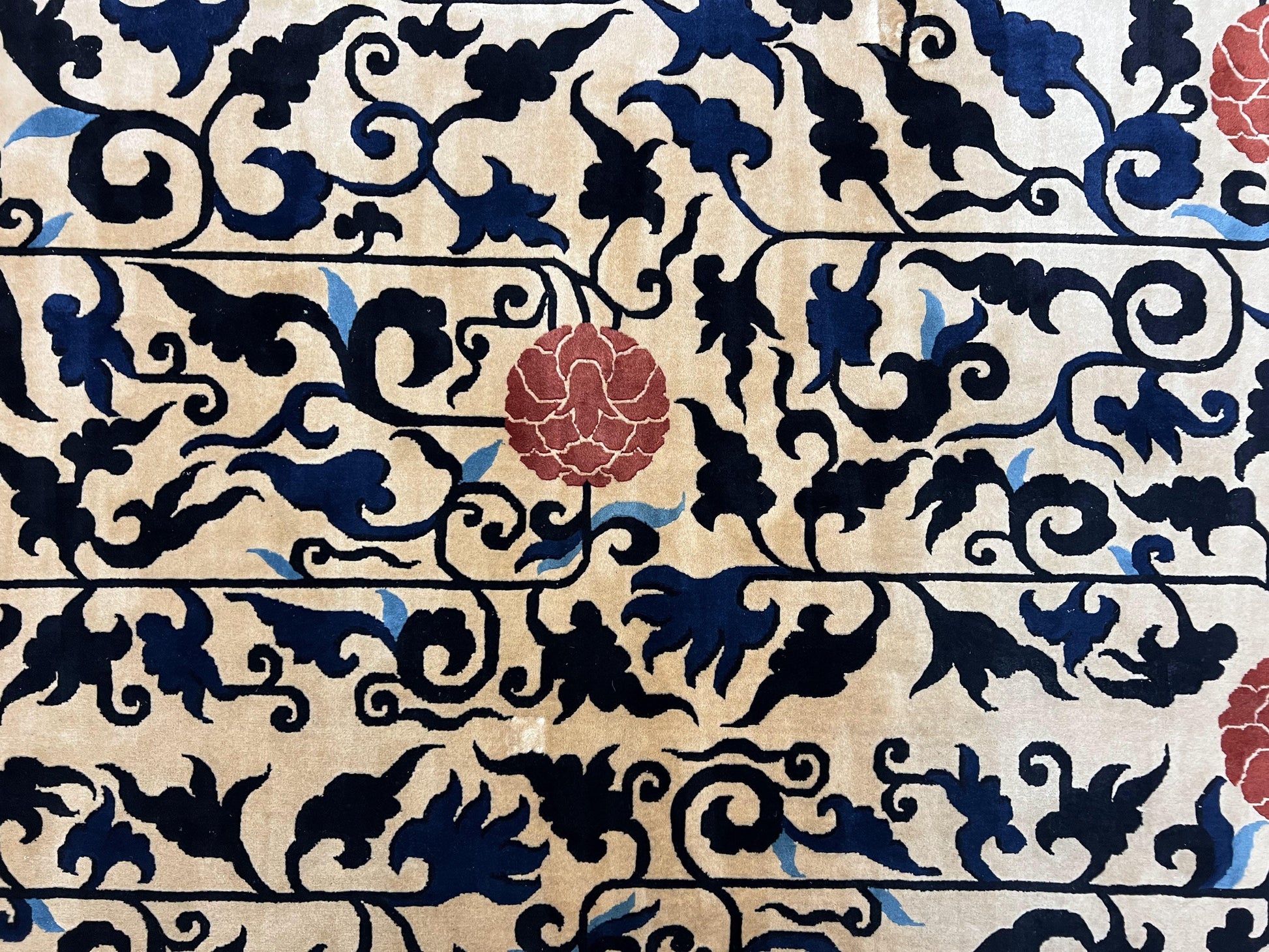 Antique Chinese Peking Rug 10x14, Beige Black, Handmade Wool Art Deco Carpet-3