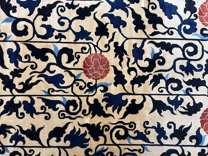 Antique Chinese Peking Rug 10x14, Beige Black, Handmade Wool Art Deco Carpet-3