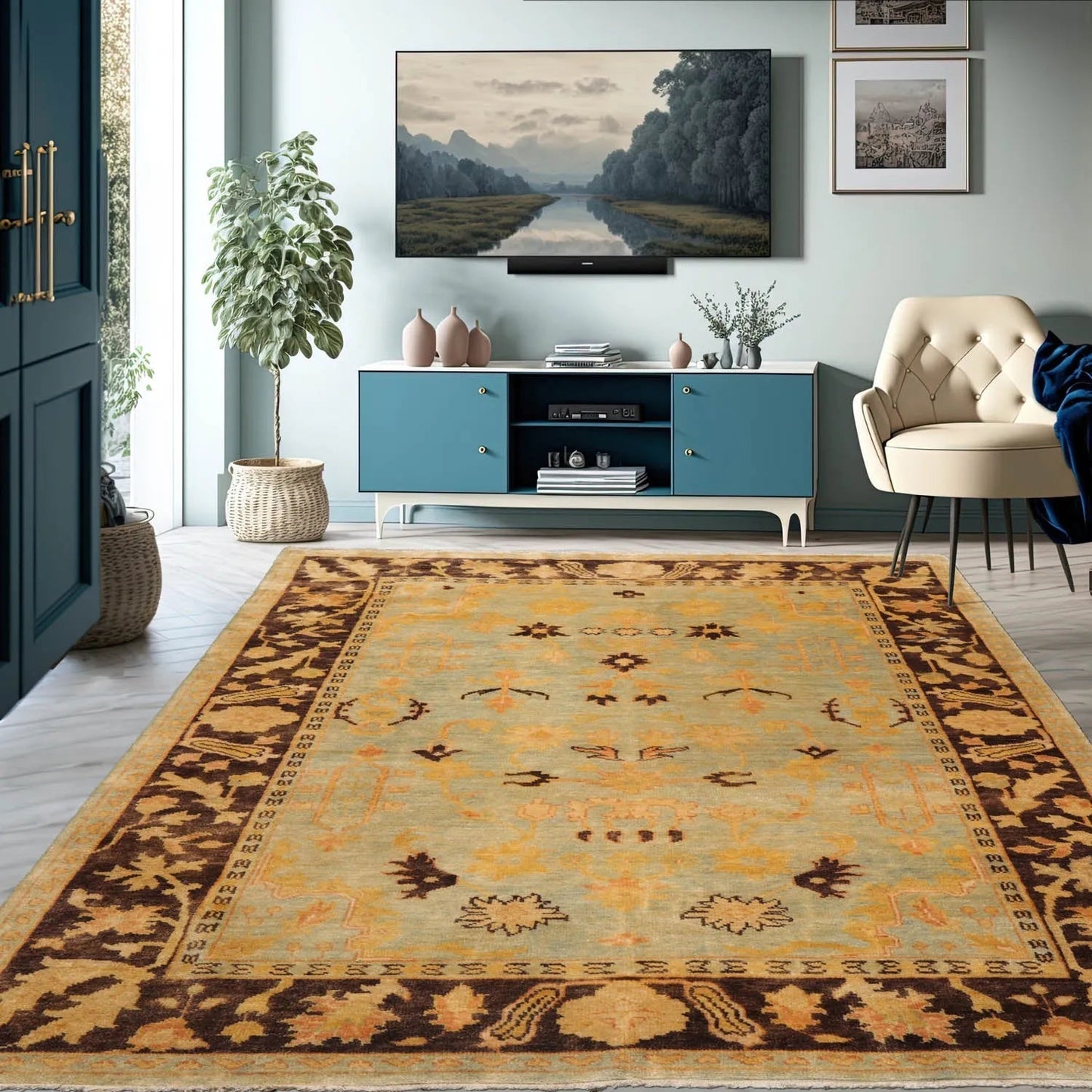 6'1''x9'1'' Hand Knotted Oushak 100% Wool Oushak Traditional Oriental Area Rug Pale Aqua, Chocolate Color-1