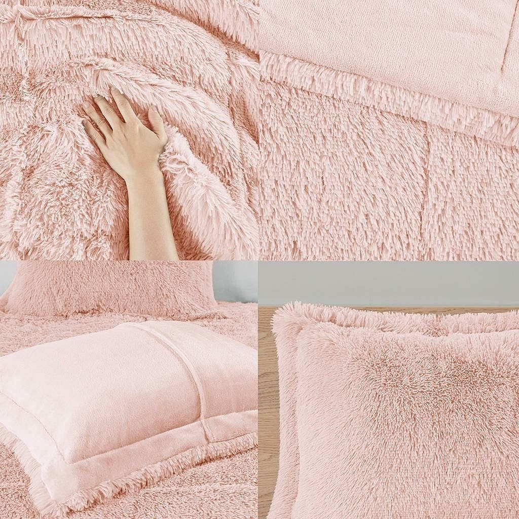Full/Queen Pink Blush Soft Sherpa Faux Fur 3-Piece Comforter Set-0