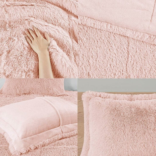 Full/Queen Pink Blush Soft Sherpa Faux Fur 3-Piece Comforter Set-0